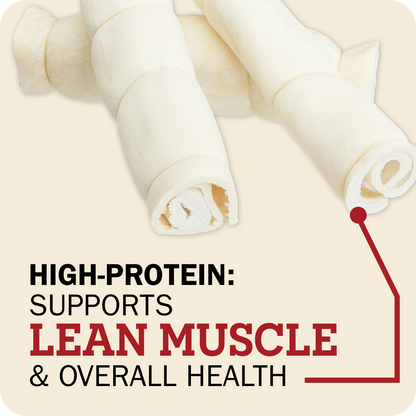 Three beef cheek roll treats on a light beige background with promotional text reading 'HIGH-PROTEIN: SUPPORTS LEAN MUSCLE & OVERALL HEALTH' and a red arrow pointing to one roll.