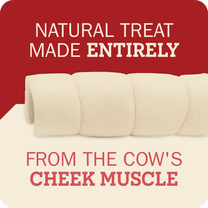 A promotional graphic for cow cheek muscle treats, showing several pale cream cylindrical treats on a split red and cream background with text reading 'NATURAL TREAT MADE ENTIRELY' and 'FROM THE COW'S CHEEK MUSCLE'.
