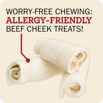 Three rolled beef cheek treats on a light beige background with promotional text reading 'WORRY-FREE CHewing: ALLERGY-FRIENDLY BEEF CHEEK TREATS!' and a red arrow pointing to one treat.