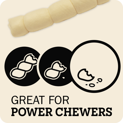 A promotional graphic for dog chewers showing a pale cream-colored segmented chew at the top, three black circular icons below with white chew illustrations, and the text 'GREAT FOR POWER CHEWERS' on a light beige background.