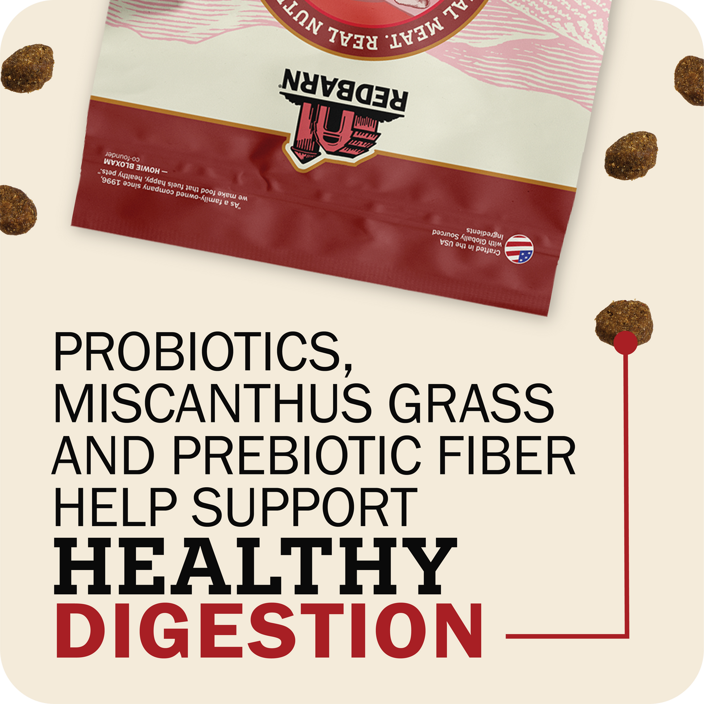 Red Barn pet food package with text about probiotics, miscanthus grass, and prebiotic fiber on a beige background.