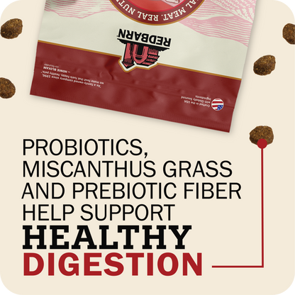 Red Barn pet food package with text about probiotics, miscanthus grass, and prebiotic fiber on a beige background.