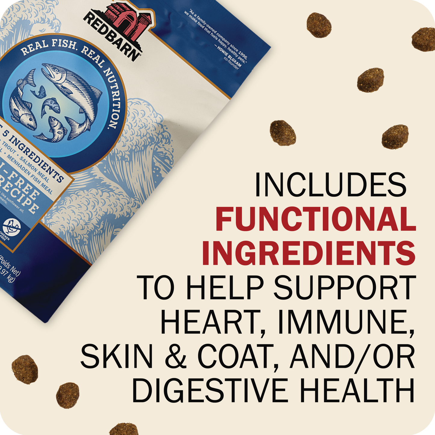 Redbarn pet food package with text about functional ingredients on a white background