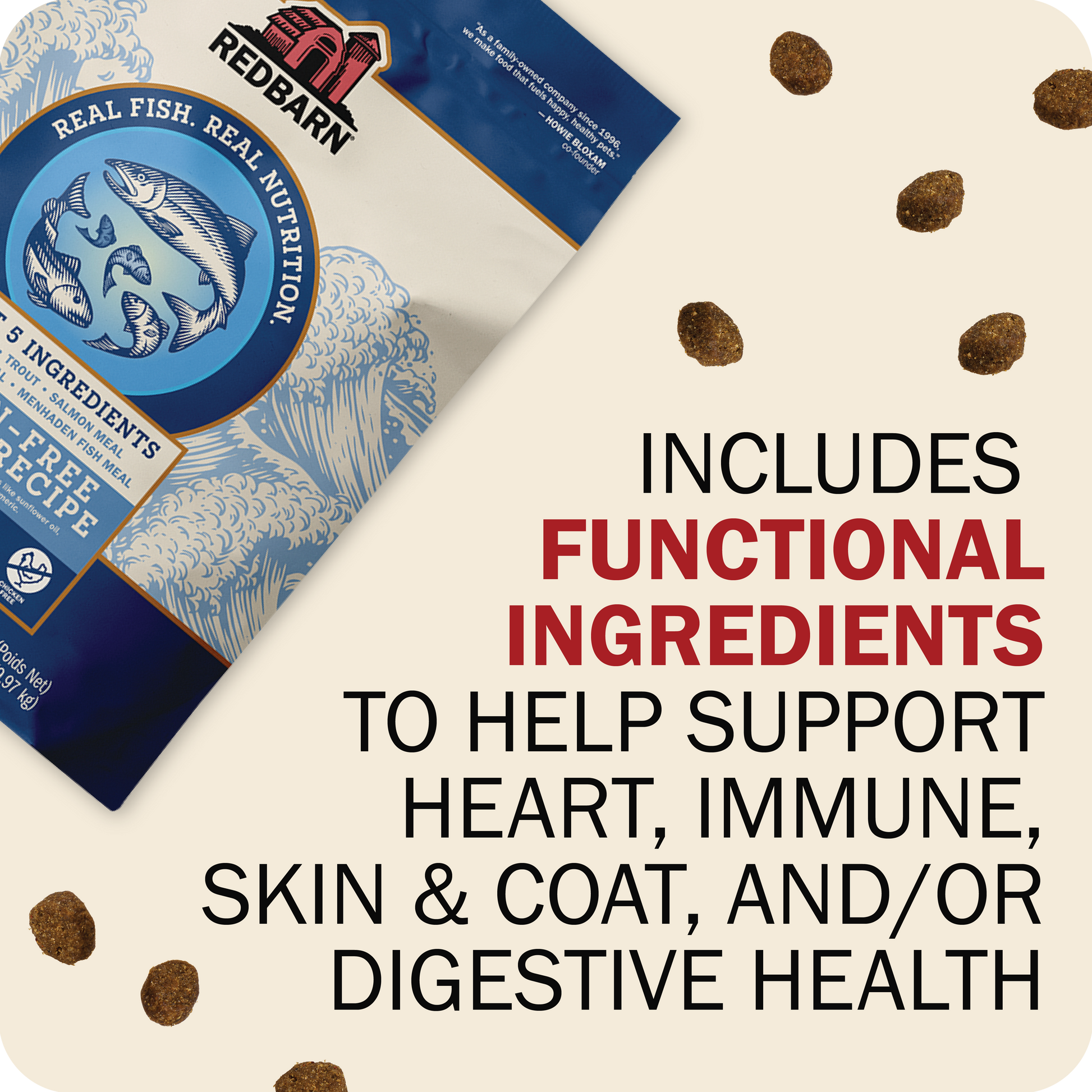 Redbarn pet food package with text about functional ingredients on a white background