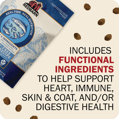 Redbarn pet food package with text about functional ingredients on a white background