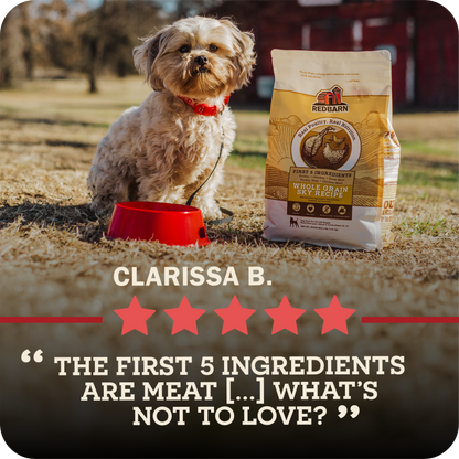 Dog sitting next to a bag of Redbarn dog food with a five-star rating and review text.