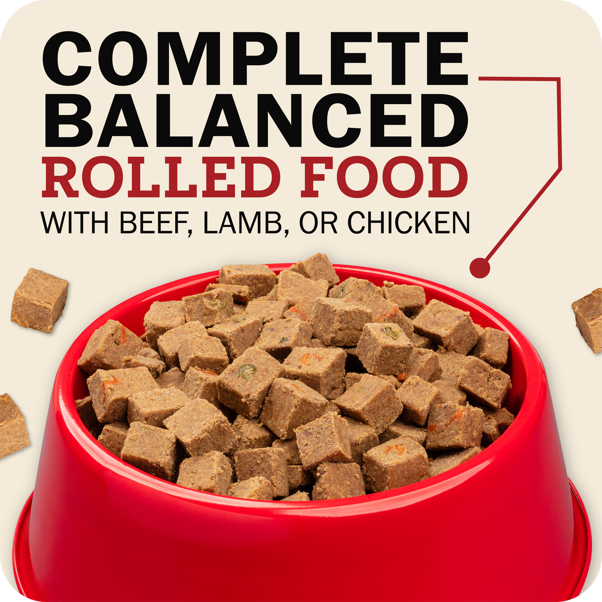 Red bowl filled with rolled dog food cubes on a beige background with text about balanced food.