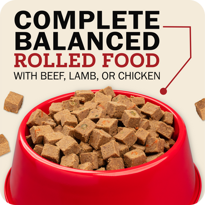 Red bowl filled with rolled dog food cubes on a beige background with text about balanced food.