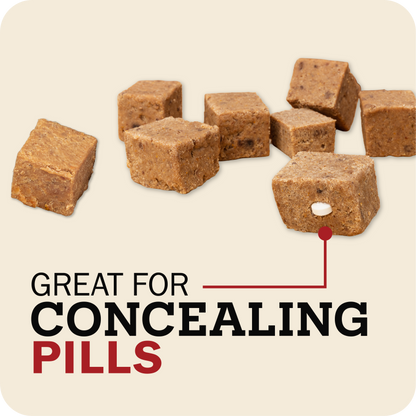 Cut rolled food with text 'Great for Concealing Pills' on a beige background