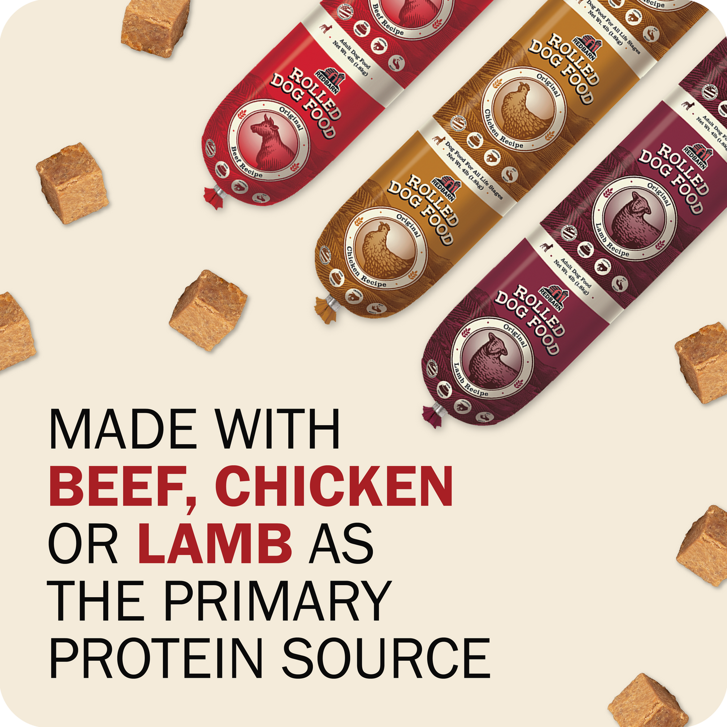 Rolled dog food packages with text highlighting protein sources on a beige background