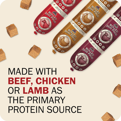 Rolled dog food packages with text highlighting protein sources on a beige background