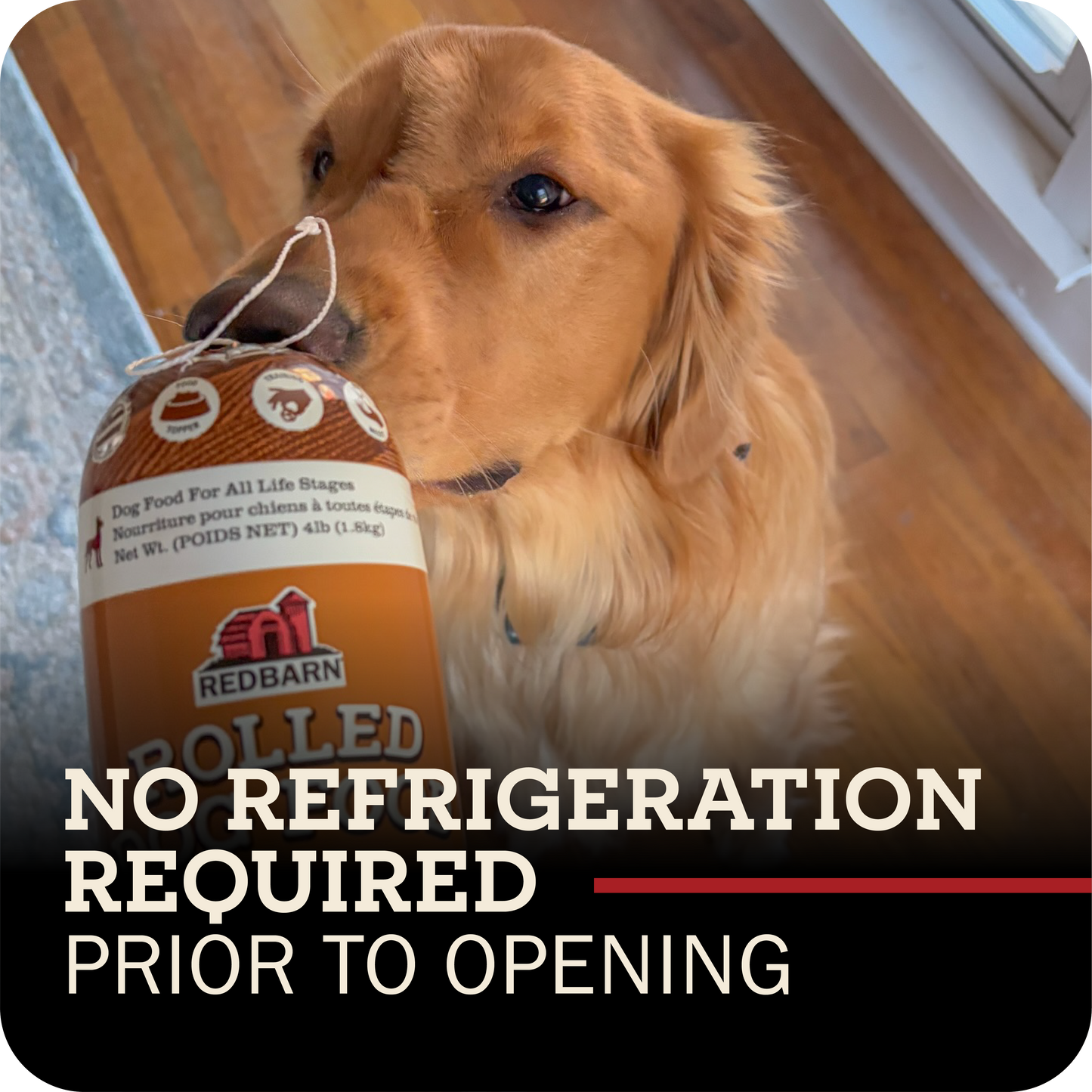 Dog playing with a Redbarn rolled dog food 