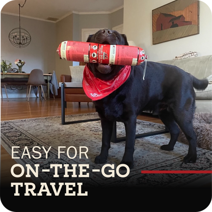 Dog in a living room setting with text 'Easy for on-the-go travel'. holding a rolled redbarn dog food in his mouth