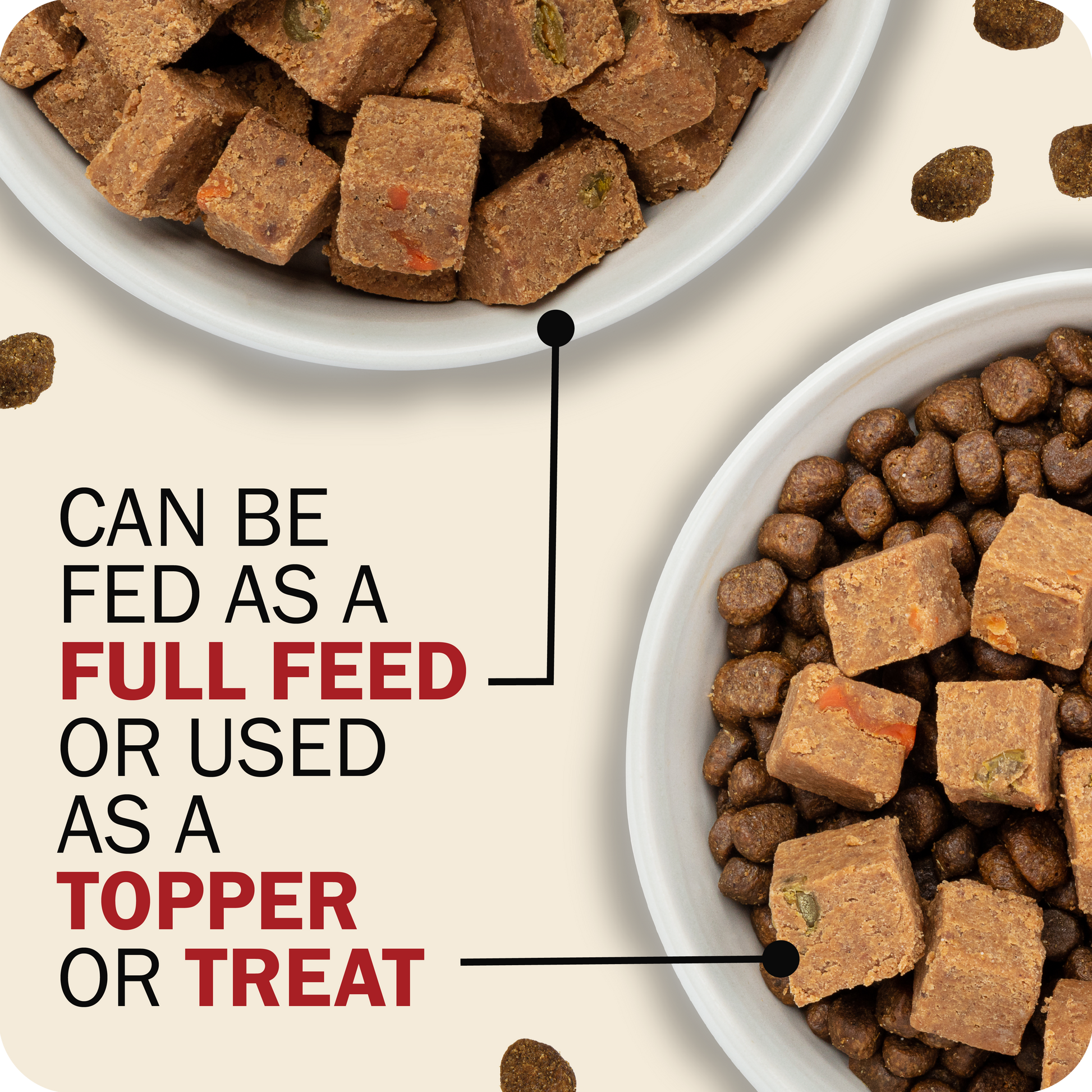 Dog food in bowls with text indicating it can be fed as a full meal, used as a topper, or treat.