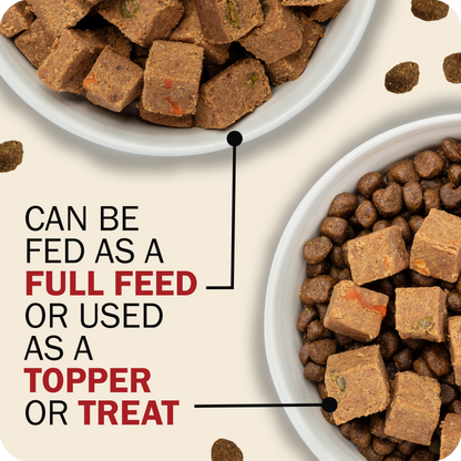 Dog food in bowls with text indicating it can be fed as a full meal, used as a topper, or treat.