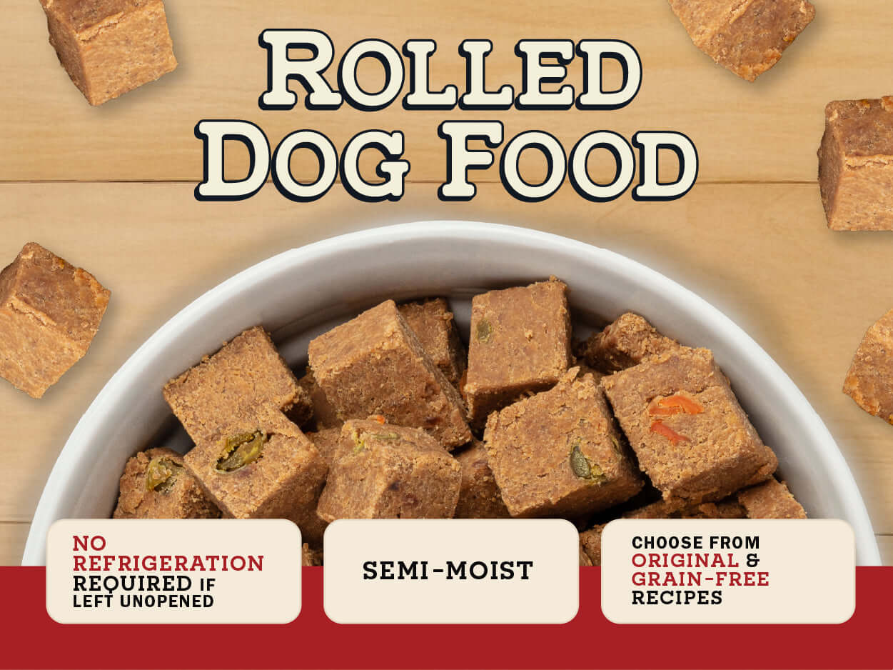 Rolled dog food in a bowl with text on a wooden background