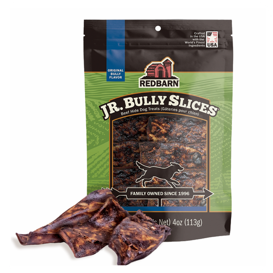 Redbarn Jr. Bully Slices dog treat package with treats displayed in front