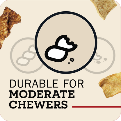 Product label for durable chew treat with a cartoon dog illustration and text on a beige background.