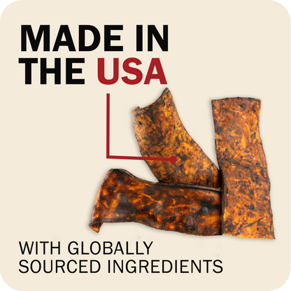 dog treats with 'Made in the USA' and 'globally sourced ingredients' text on a beige background