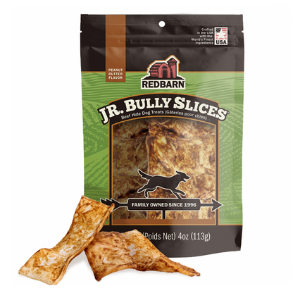 Redbarn Jr. Bully Slices dog treat package with two treats in front on a white background
