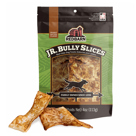Redbarn Jr. Bully Slices dog treat package with two treats in front on a white background