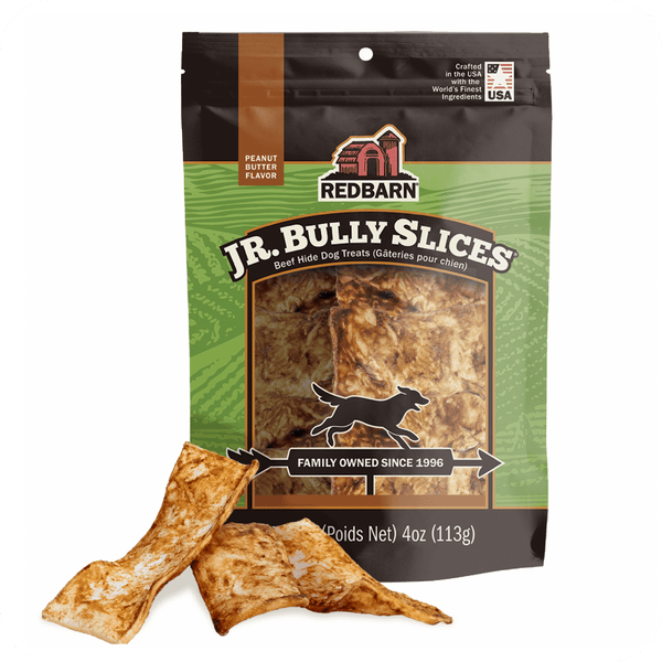 Redbarn Jr. Bully Slices dog treat package with two treats in front on a white background