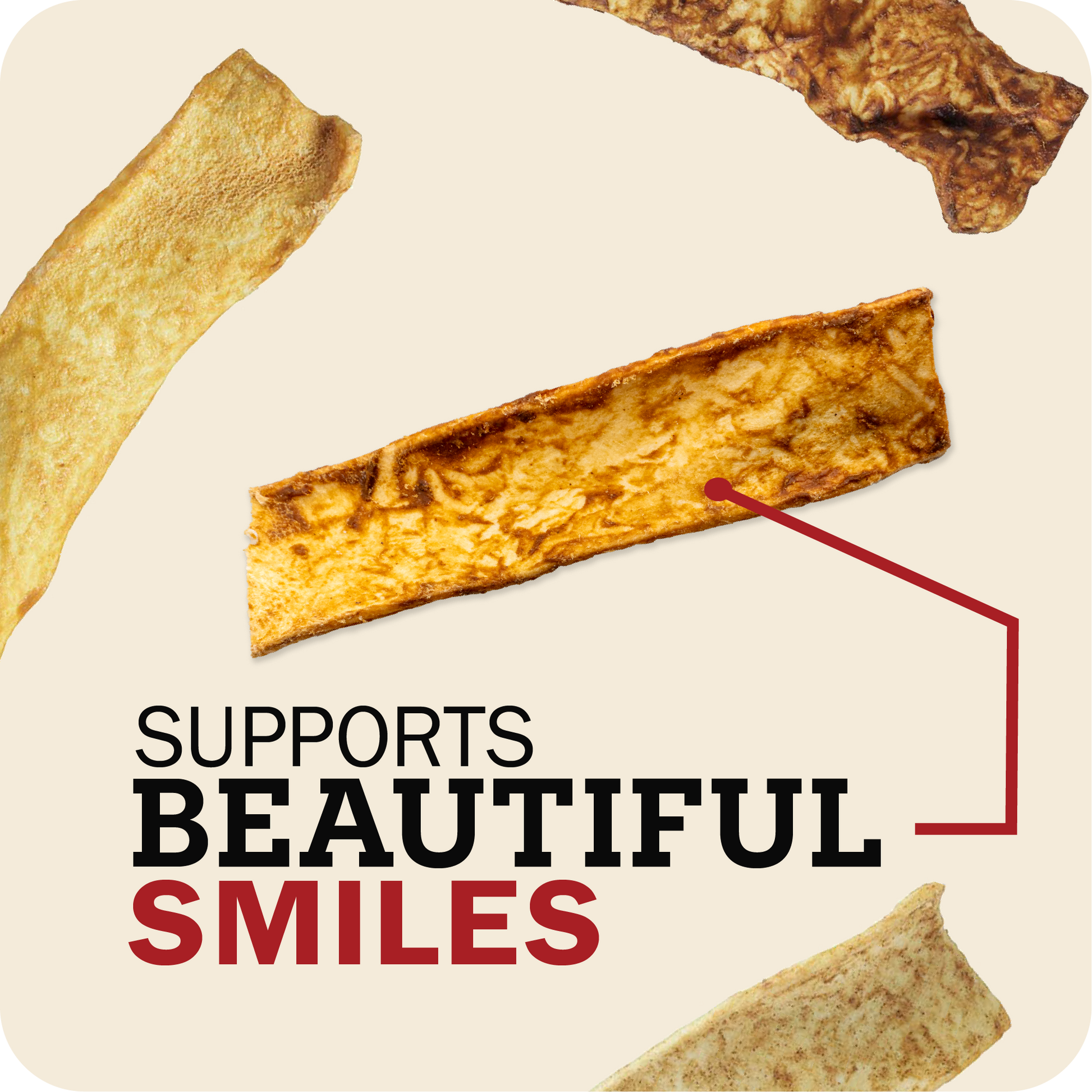 bully slices 'Supports Beautiful Smiles' on a beige background