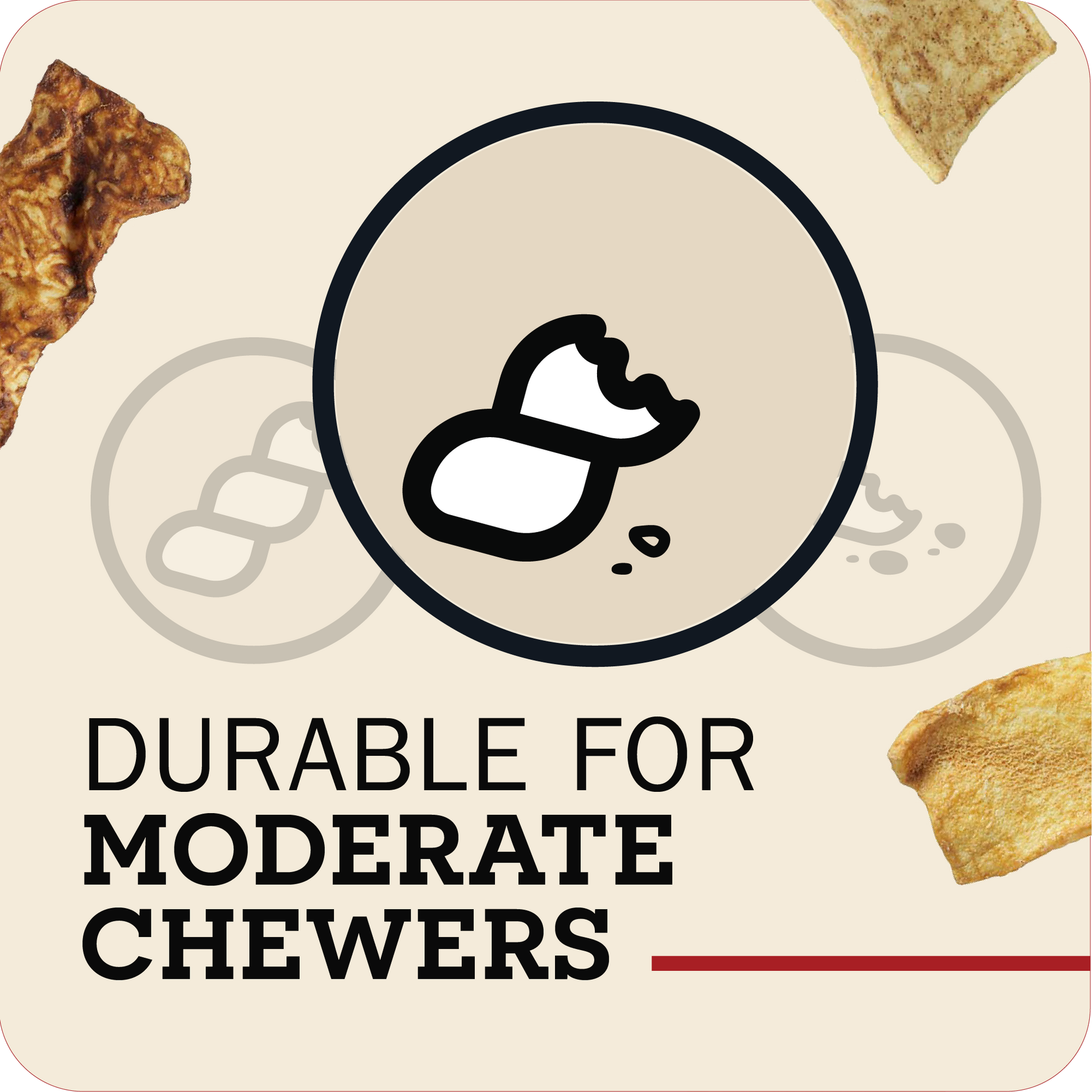 Product label for durable chew toys with an illustration and text on a beige background.