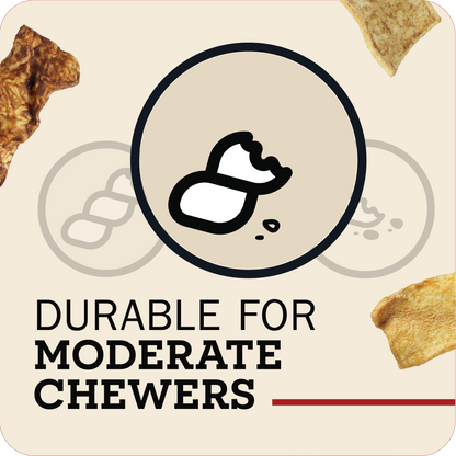 Product label for durable chew toys with an illustration and text on a beige background.