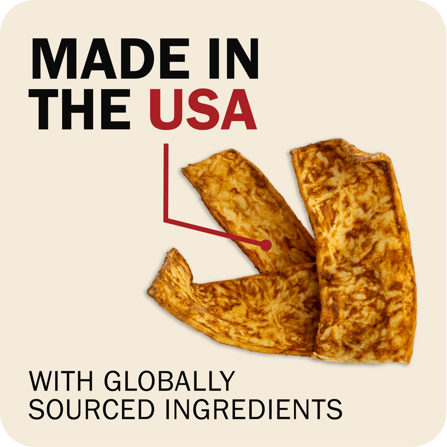 Product with no packaging with 'Made in the USA' and 'globally sourced ingredients' text on a beige background.