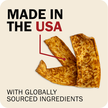 Product with no packaging with 'Made in the USA' and 'globally sourced ingredients' text on a beige background.