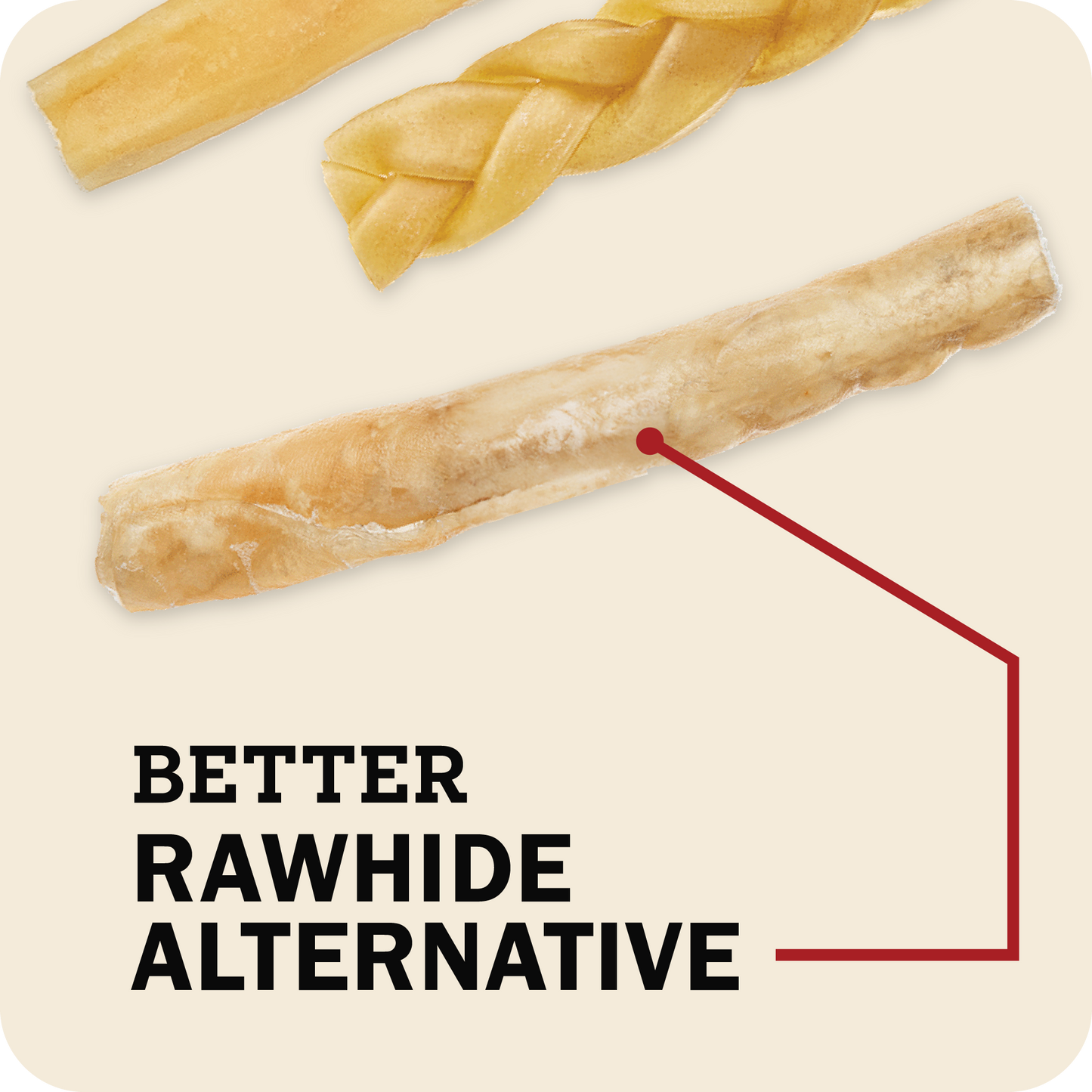 A Redbarn collagen stick in the center with different collagen chews in the background with a title that reads, 'Better rawhide alternative.'