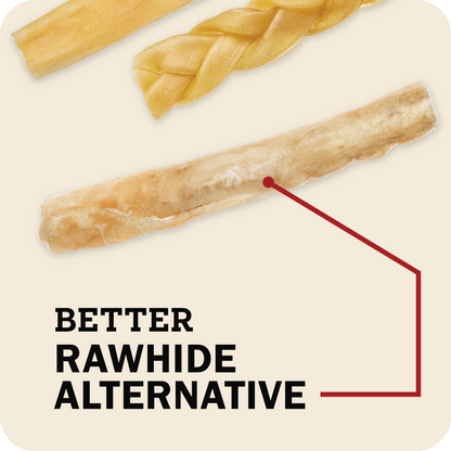 A Redbarn collagen stick in the center with different collagen chews in the background with a title that reads, 'Better rawhide alternative.'