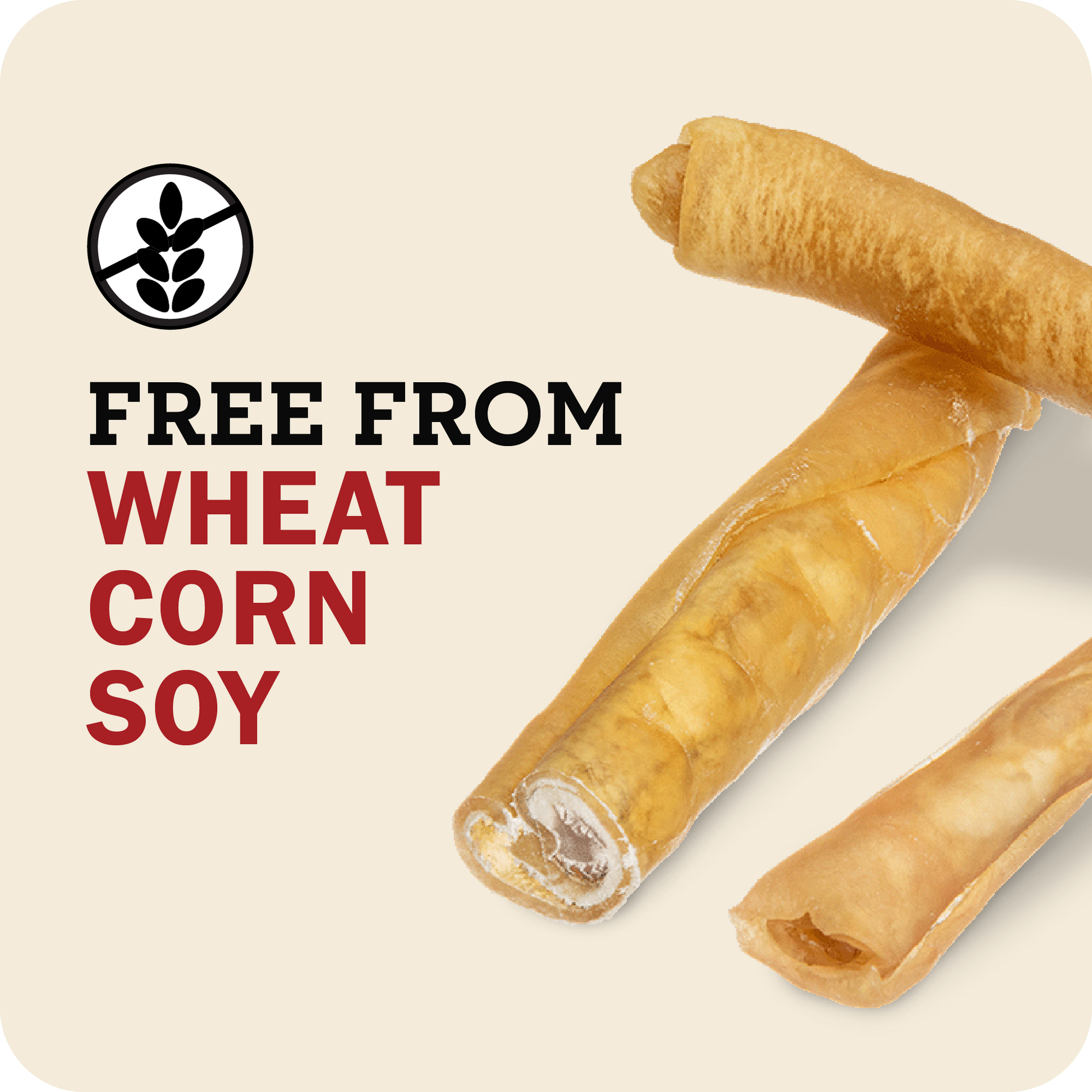 An image with three collagen sticks on the right with a message on the left of the image that reads, 'Free from Wheat Corn Soy'