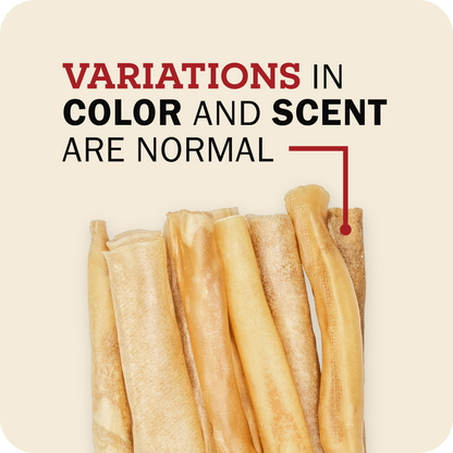 An image showing different variance of Collagen Sticks with a message that says, 'Variations in Color and Scent are Normal.'