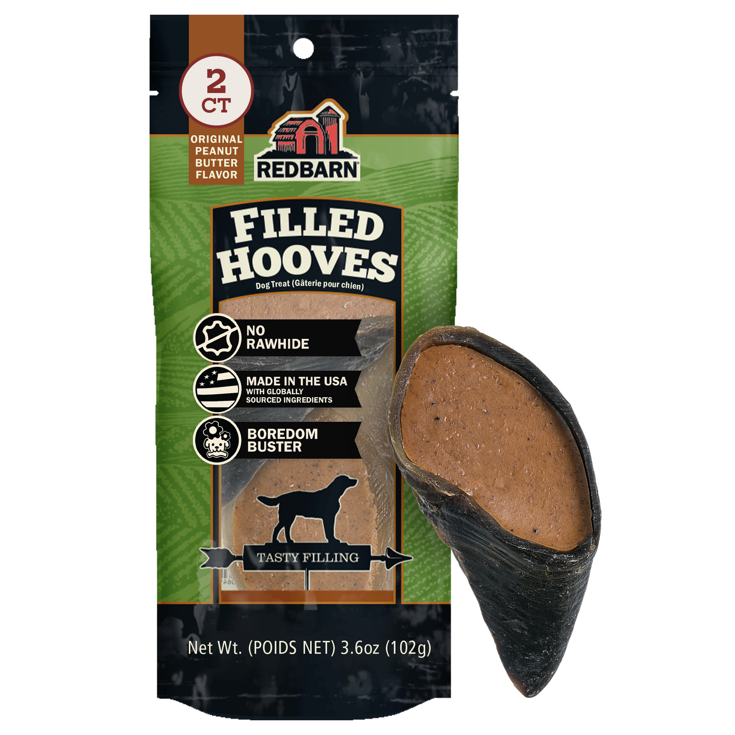 Redbarn Filled Hooves dog treats packaging shown next to a single hoof on a plain white background.