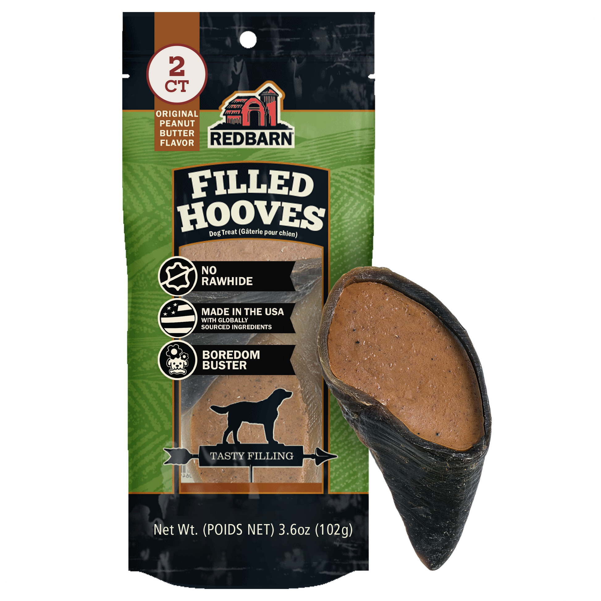 Redbarn Filled Hooves dog treats packaging shown next to a single hoof on a plain white background.