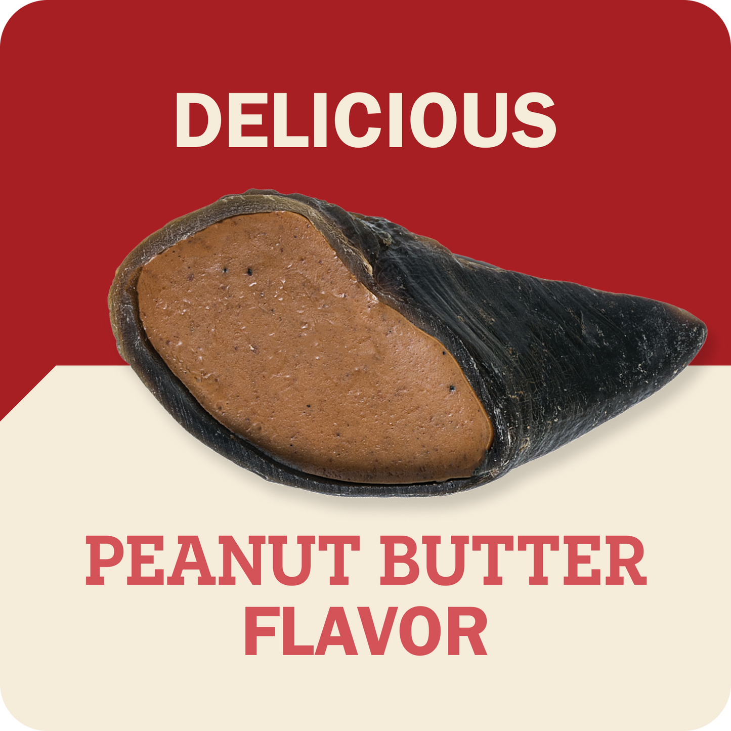 A Redbarn Peanut Butter Filled Cow Hoof piece shown on a split red and cream background with the words 'DELICIOUS' at the top and 'PEANUT BUTTER FLAVOR' at the bottom.