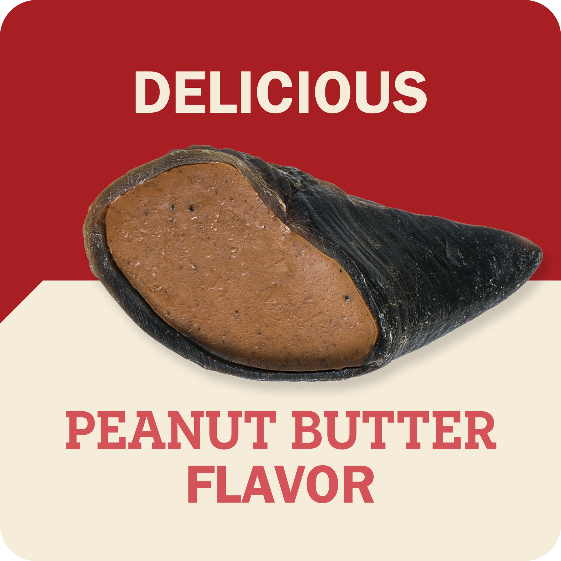 A Redbarn Peanut Butter Filled Cow Hoof piece shown on a split red and cream background with the words 'DELICIOUS' at the top and 'PEANUT BUTTER FLAVOR' at the bottom.