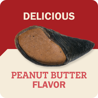 A Redbarn Peanut Butter Filled Cow Hoof piece shown on a split red and cream background with the words 'DELICIOUS' at the top and 'PEANUT BUTTER FLAVOR' at the bottom.