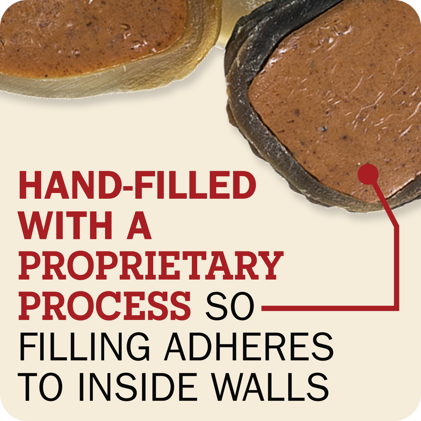 Close-up of two Redbarn Peanut Butter Filled Cow Hoof with text reading 'HAND-FILLED WITH A PROPRIETARY PROCESS SO FILLING ADHERES TO INSIDE WALLS' on a cream background.