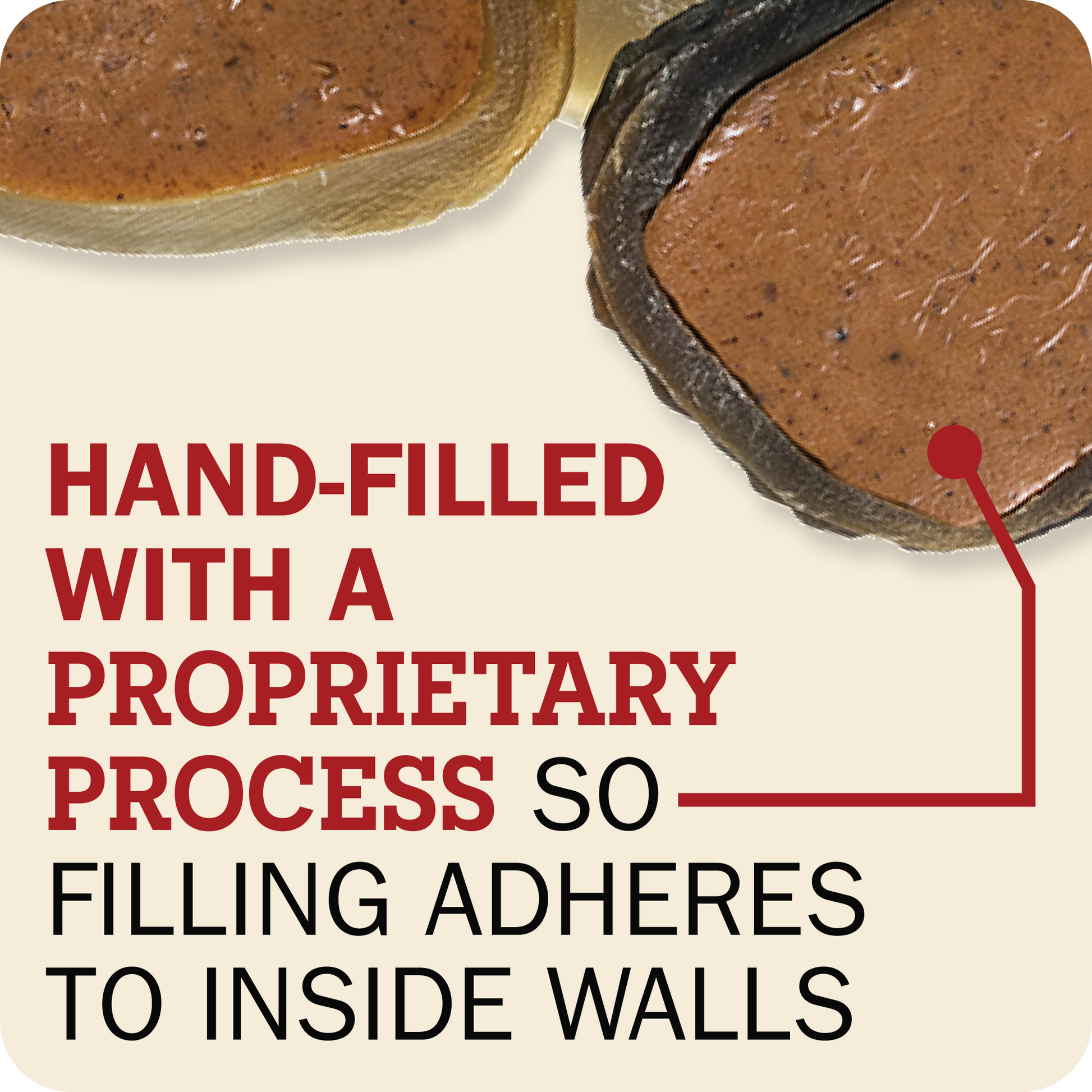 Close-up of two Redbarn Peanut Butter Filled Cow Hoof with text reading 'HAND-FILLED WITH A PROPRIETARY PROCESS SO FILLING ADHERES TO INSIDE WALLS' on a cream background.