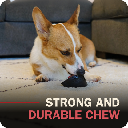 A corgi dog lies on a light rug in a living room setting, chewing a Redbarn Peanut Butter Filled Cow Hoof. Text at the bottom reads 'STRONG AND DURABLE CHEW'.