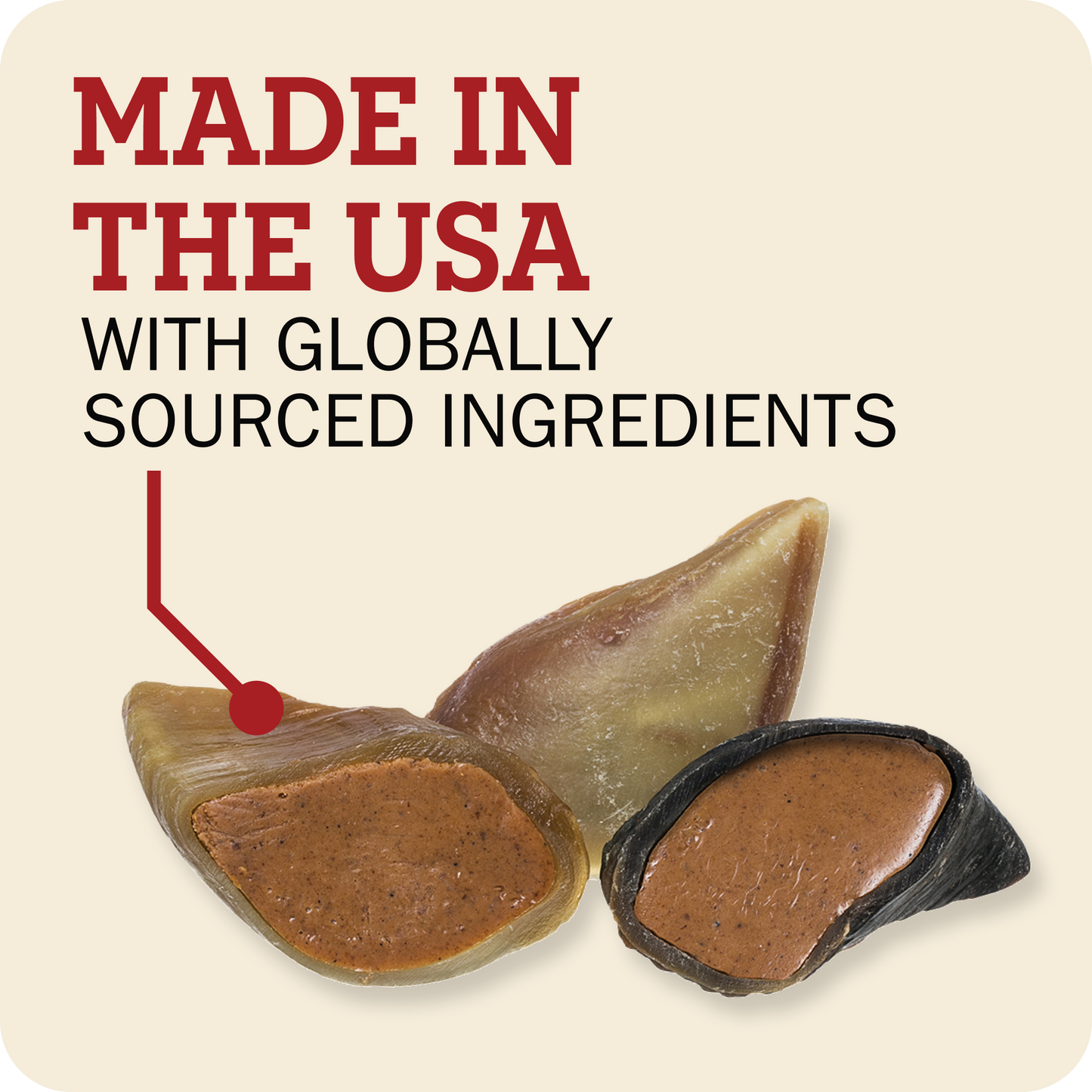 Redbarn Peanut Butter Filled Cow Hoof. Text reading 'MADE IN THE USA WITH GLOBALLY SOURCED INGREDIENTS'