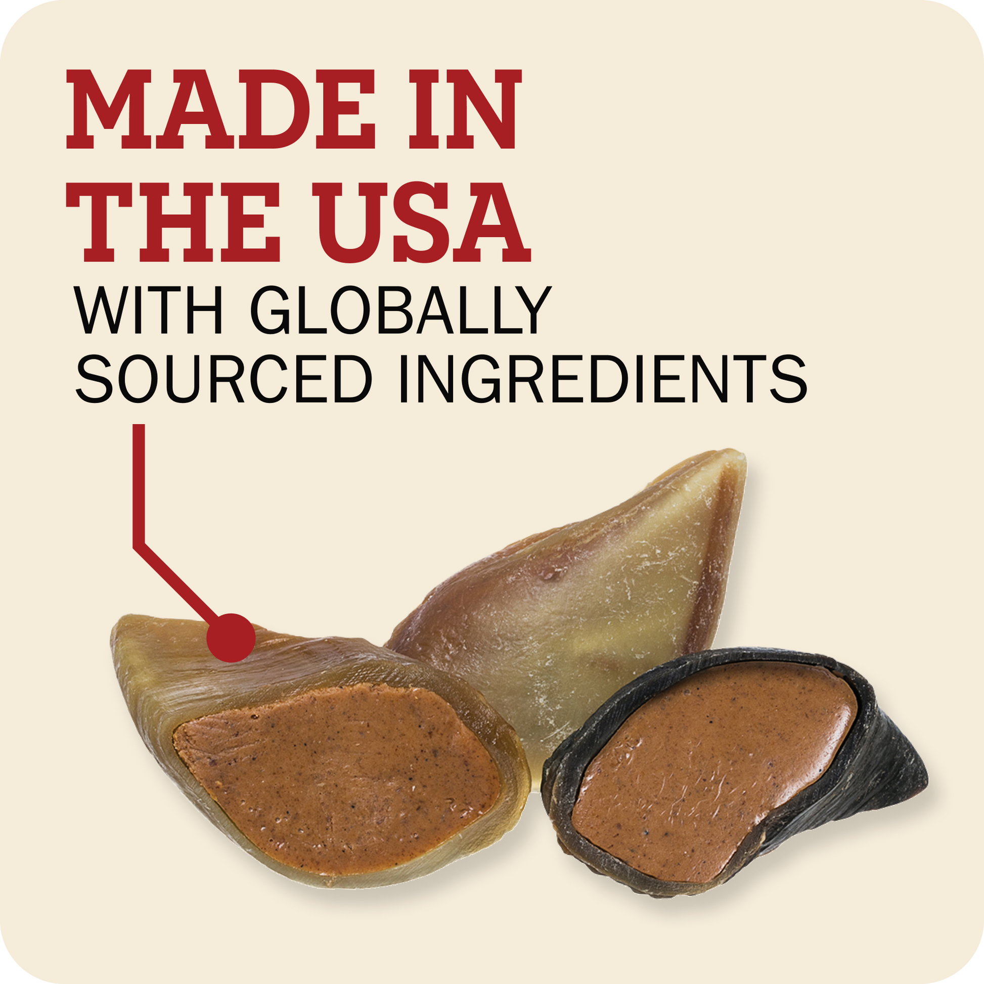 Redbarn Peanut Butter Filled Cow Hoof. Text reading 'MADE IN THE USA WITH GLOBALLY SOURCED INGREDIENTS'