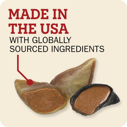 Redbarn Peanut Butter Filled Cow Hoof. Text reading 'MADE IN THE USA WITH GLOBALLY SOURCED INGREDIENTS'