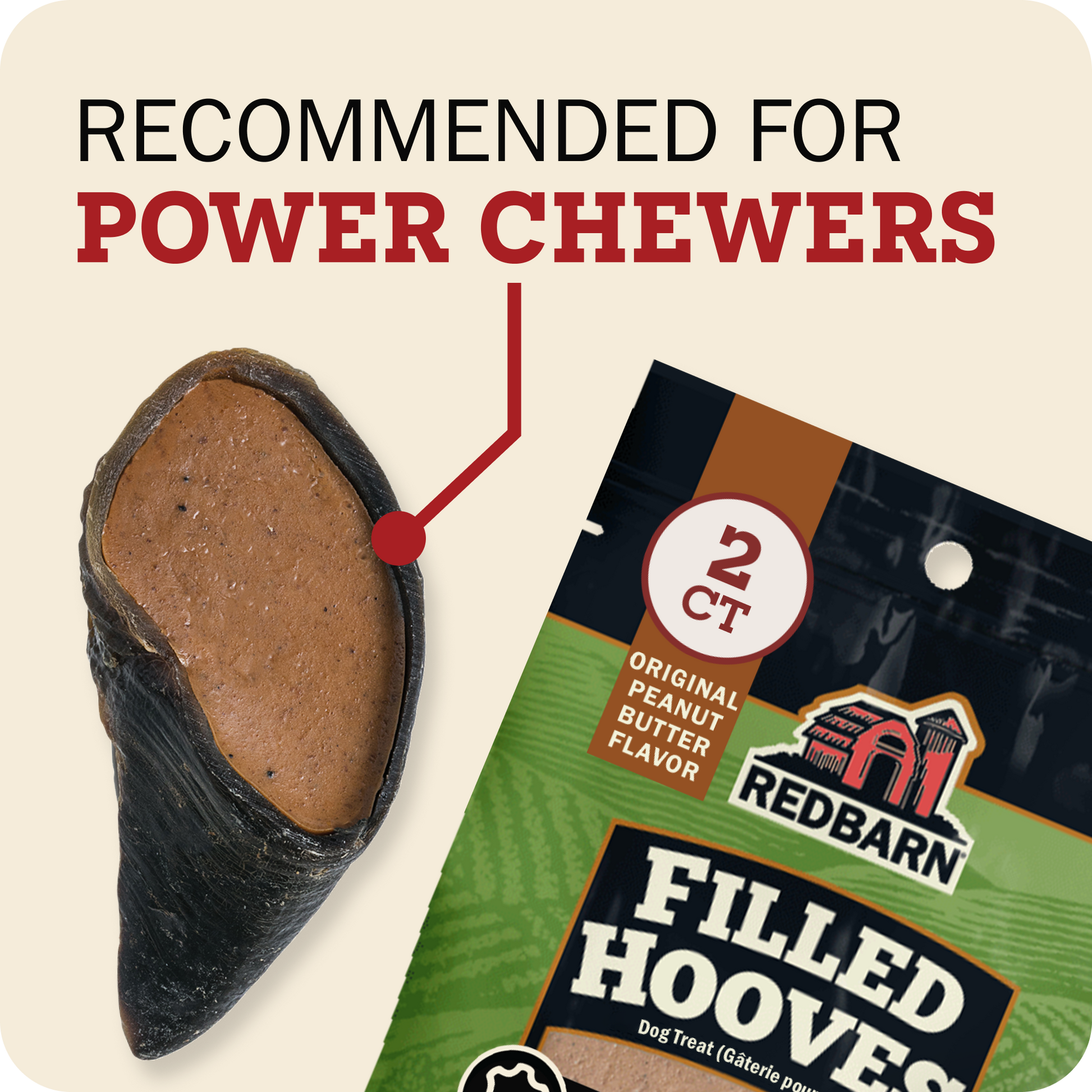 Redbarn Peanut Butter Filled Cow Hoof bag, with large text reading 'RECOMMENDED FOR POWER CHEWERS' on a light beige background.