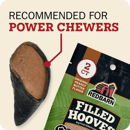 Redbarn Peanut Butter Filled Cow Hoof bag, with large text reading 'RECOMMENDED FOR POWER CHEWERS' on a light beige background.