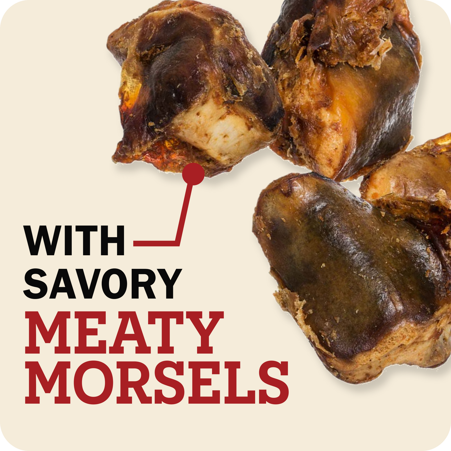 Four pieces Redbarn Knee caps with morsels arranged on a light beige background with bold text reading 'WITH SAVORY MEATY MORSELS' and a red pointer line.