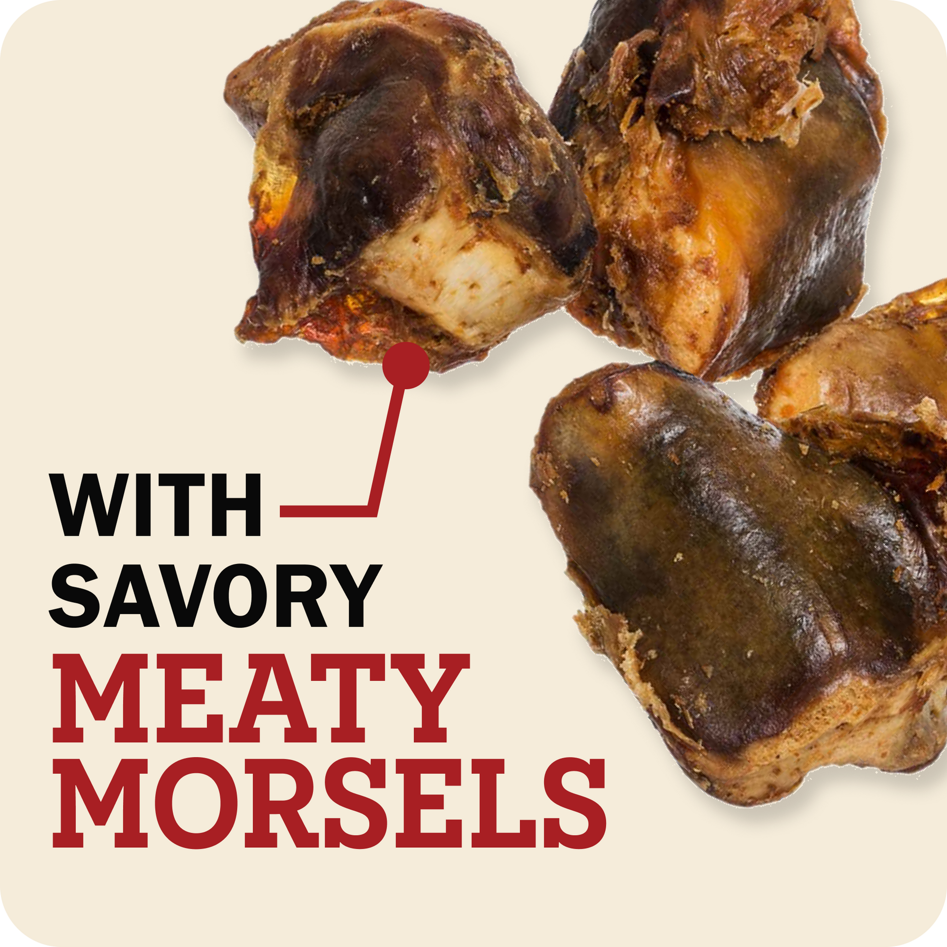 Four pieces Redbarn Knee caps with morsels arranged on a light beige background with bold text reading 'WITH SAVORY MEATY MORSELS' and a red pointer line.